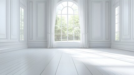 Bright neoclassical interior space features elegant arched window overlooking lush greenery