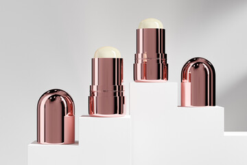 rose gold foundation stick mockup, luxury metallic lipstick packaging, gold electroplating makeup twist up tube packaging, Cylindrical Deodorant Packaging, Rotating makeup blush cream container