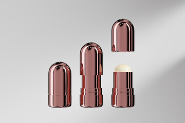 rose gold foundation stick mockup, luxury metallic lipstick packaging, gold electroplating makeup twist up tube packaging, Cylindrical Deodorant Packaging, Rotating makeup blush cream container