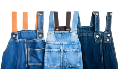 Three different styles of blue denim childrens overalls or dungarees displayed side by side against a transparent background