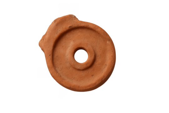 Ancient terracotta spindle whorl on transparent background