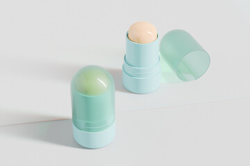 Cylindrical cheek blush Stick packaging mockup, round shape Rotating Solid lip balm container, blue plastic twist up tube packaging, trendy Sunscreen Stick Tubes with close cap, Deodorant Packaging
