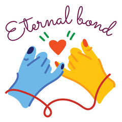 Symbolic illustration of two hands pinky promising connected by red thread and red heart above signifying eternal bond and friendship with vibrant colors and graphic art style on transparent