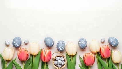 Festive easter arrangement with colorful tulips and decorated eggs bordering a blank space for text or a holiday greeting message