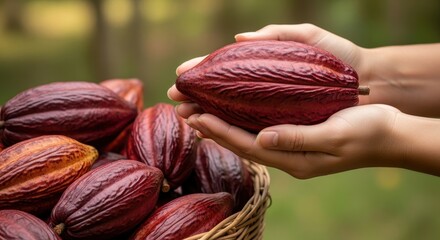 Person Holding a Cocoa Pod with Other Cocoa Pods in a Basket