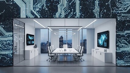 Modern tech office with circuit board design overlooking vibrant city skyline, perfect for corporate branding or technology solutions, inspiring innovation