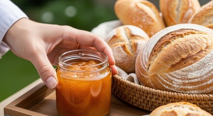 Person Holding a Jar of Jam Next to Fresh Baked Bread