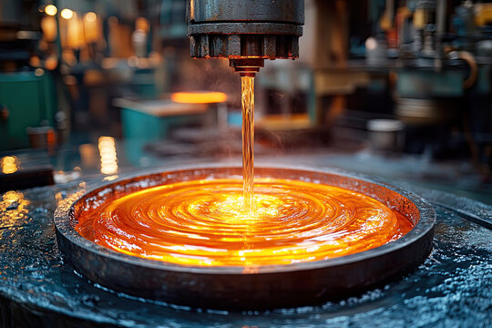 A close-up of molten metal being poured, creating ripples in a circular mold, showcasing a vibrant orange hue in an industrial setting.