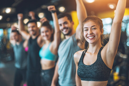 A group of fit individuals joyfully celebrating their fitness achievements in a gym, showcasing teamwork and positivity.
