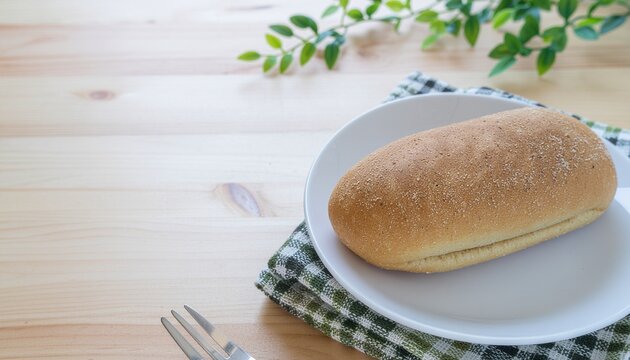 A clean and bright image of a fresh bread roll placed on a wooden table with minimal kitchen decor.