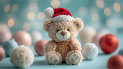Adorable Fuzzy Teddy Bear Wearing a Knitted Santa Hat Surrounded by Soft Pastel Christmas Ornaments and Bokeh Lights