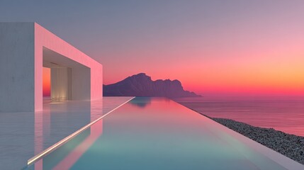 Modern house overlooking infinity pool at sunset