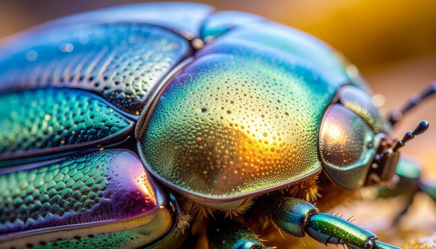 Vibrant close-up showcasing metallic colors and reflective patterns on a generic insect’s shell.