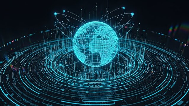 Global digital network with glowing connections for modern business solutions and global communication, offering tech innovation and worldwide connectivity