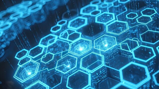 Dynamic glowing hexagons create a futuristic blockchain network visualization perfect for modern technology presentations or innovative business solutions and digital transformation