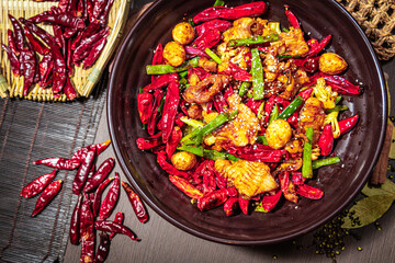 Spicy stir-fried chicken with chili, vegetables, and sesame seeds in a rustic bowl.