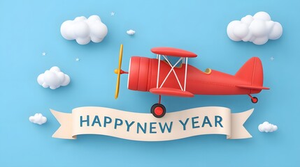 Soaring Into the Future: Bright Red Toy Biplane Flying an Optimistic Happy New Year Banner