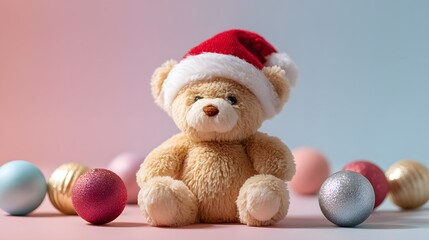 A Cuddly Christmas Companion: Adorable Teddy Bear Wearing Santa Hat Surrounded by Pastel Ornaments
