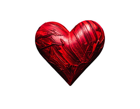 A textured, vibrant red heart floating against a stark black background, appearing almost three-dimensional - Powered by Adobe