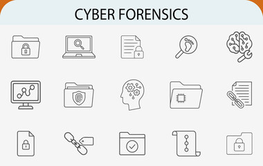 Cyber forensics line icons set. Digital investigation, security, privacy symbols.