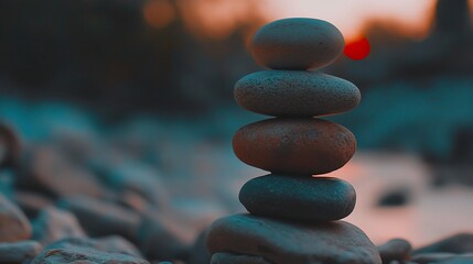 A balanced stack of smooth stones sits against a blurred landscape background at dusk