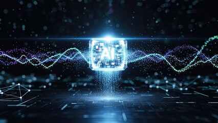 Futuristic AI processor core with glowing data streams for cutting edge technology concepts and neural network advancements in a modern digital world