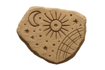 Ancient celestial stone carving with sun moon stars