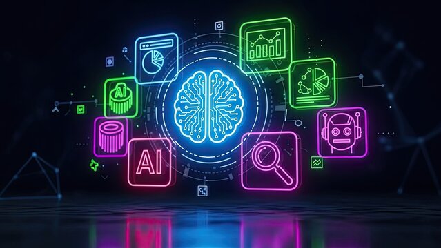 Modern glowing AI brain visualization with data analysis icons for digital transformation, machine learning, and innovative technology solutions - Powered by Adobe