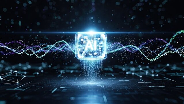 Futuristic AI processor core with glowing data streams for cutting edge technology concepts and neural network advancements in a modern digital world