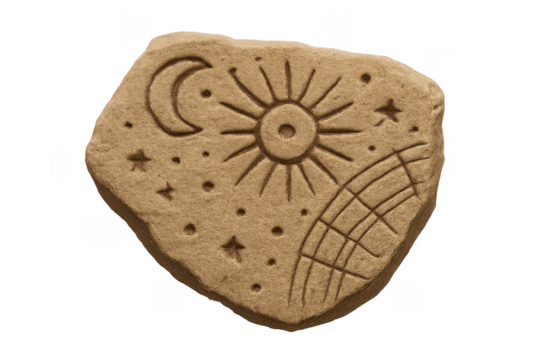 Ancient celestial stone carving with sun moon stars