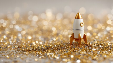 Golden Start to the New Year: Miniature Rocket Launching from a Glittering Confetti Galaxy