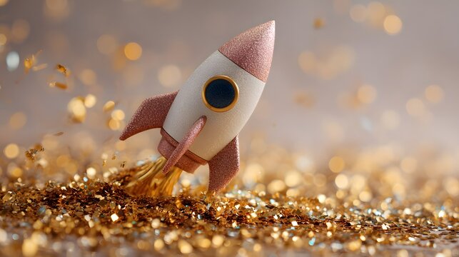 New Year's Launch: Glittering Rose Gold and White Toy Rocket Emerging from a Vibrant Explosion of Golden Confetti. - Powered by Adobe