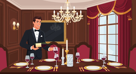 Elegant dining experience, wine service in upscale restaurant setting illustration