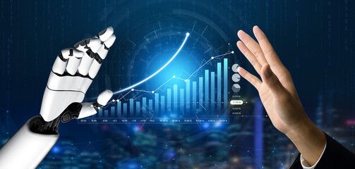 Futuristic Concept of Human and Robot Interaction with Data Visualization and Growth Trend Analysis in a Digital Environment Scalp.
