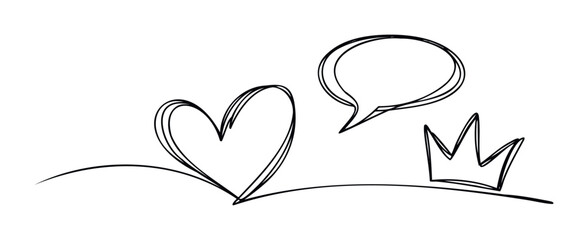 Simple line drawing of a heart with a speech bubble and crown, symbolizing communication and royalty for celebratory or motivational messages