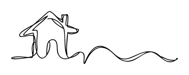 Single line drawing of a house on a wavy ground symbolizing movement or journey towards home, perfect for real estate or relocation themes.