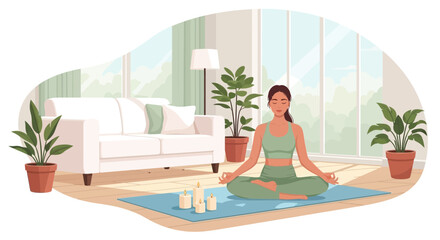 Obraz premium Woman practicing mindful meditation in a serene living room setting at home