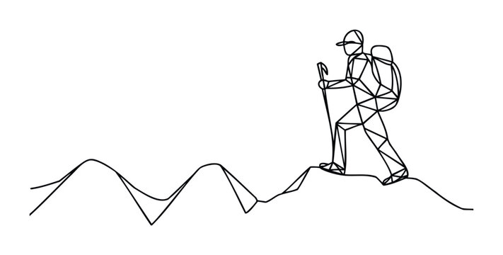 Abstract geometric hiker with backpack and poles ascends rugged mountain peaks in a minimalist line drawing, ideal for adventure marketing and outdoor lifestyle content.