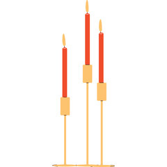 Tall Candlesticks With Three Red Taper Candles Standing Upright On White Background Elegant Romantic Ambiance Illuminated Glow Warm Light