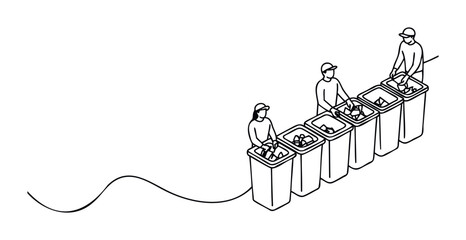 Workers sort items into recycling bins in a line, representing waste management and environmental responsibility in industry and community efforts for a sustainable future.