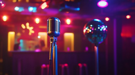 Retro microphone and disco ball glow under colorful stage lights evoking the ambiance of a live performance