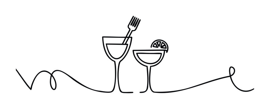 Simple line drawing celebrating culinary experiences with drinks and a fork, ideal for restaurant menus and hospitality promotions