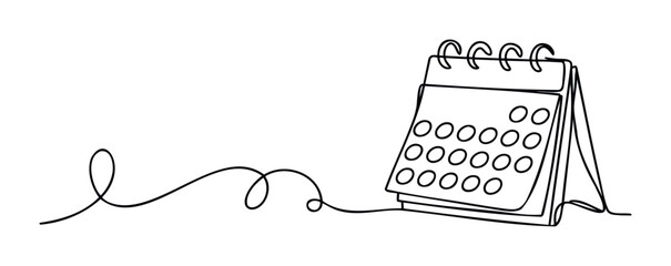 Minimalist line drawing of an open desk calendar with circular day markers and a coiled line extending to the left, perfect for time management and planning concepts.