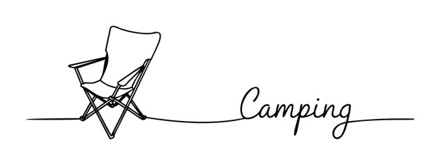 Minimalist line art depicts a folding chair and the word Camping, perfect for travel blogs and outdoor gear promotions.