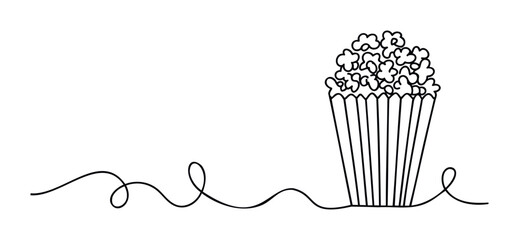 Simple continuous line drawing of a popcorn box full of popcorn and a whimsical squiggle extending leftward, perfect for movie night themes or fun snack promotions