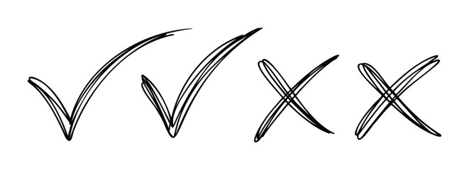 Hand drawn check marks and crosses symbolizing correct and incorrect choices for decision making, survey or evaluation on a white background for various business and educational projects.
