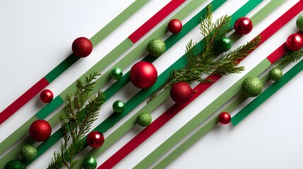 Contemporary Festive Design: Graphic Diagonal Stripes in Red and Green Decorated with Shiny Christmas Ornaments and Fir Sprigs.