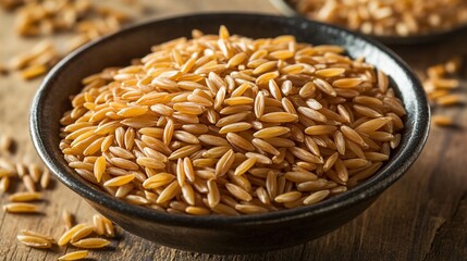 kamut. Close-up of a bowl containing cooked grains, highlighting their elongated shape. menu design, packaging mockups, designed for culinary blogs and recipe cards for restaurants.