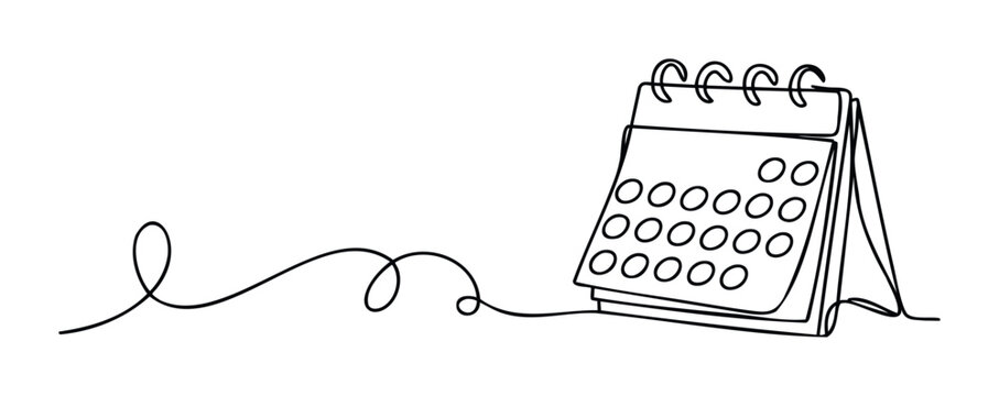 Minimalist line drawing of an open desk calendar with circular day markers and a coiled line extending to the left, perfect for time management and planning concepts.