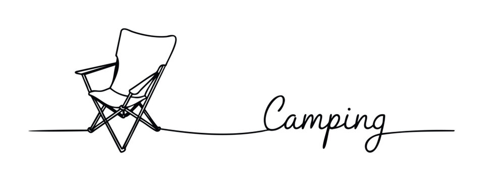 Minimalist line art depicts a folding chair and the word Camping, perfect for travel blogs and outdoor gear promotions.